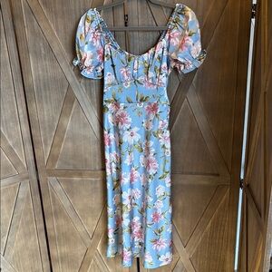 Blue Floral Puff Sleeve Sweetheart Midi Dress - 👗 Small